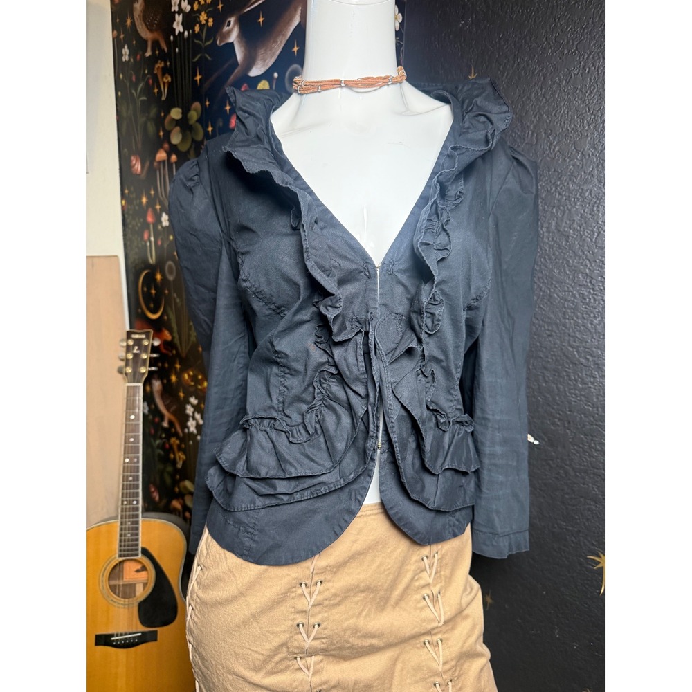 INC International Concepts Black Ruffle Cropped cotton Jacket XL Victorian Puff